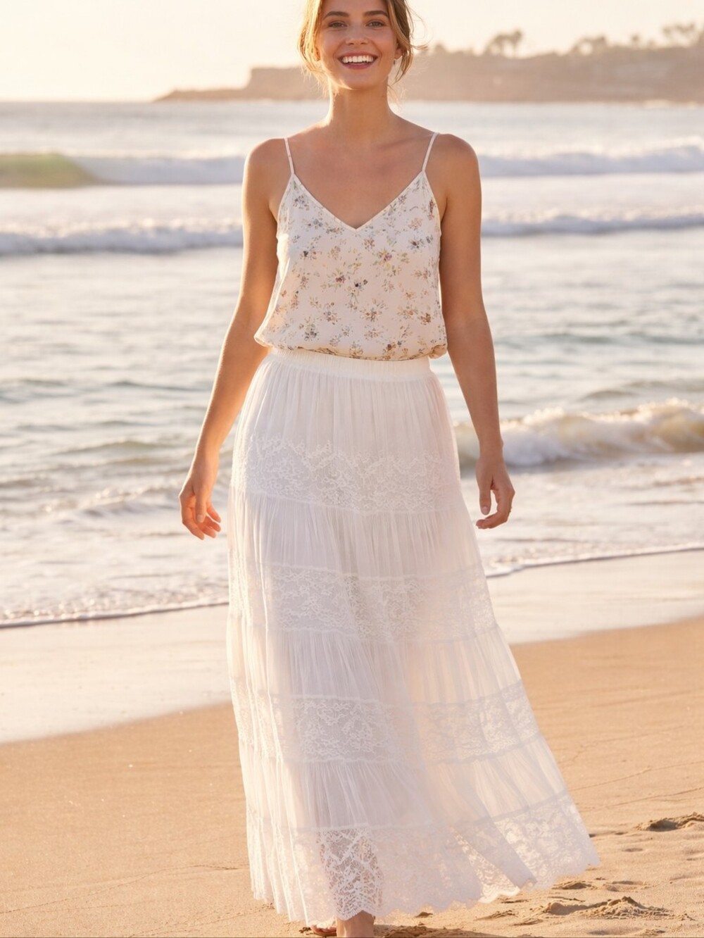 Lapis White Tiered Lace Maxi Skirt
